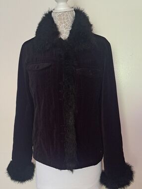 Black Rivet Black Velvet Jacket with Faux Fur Trim